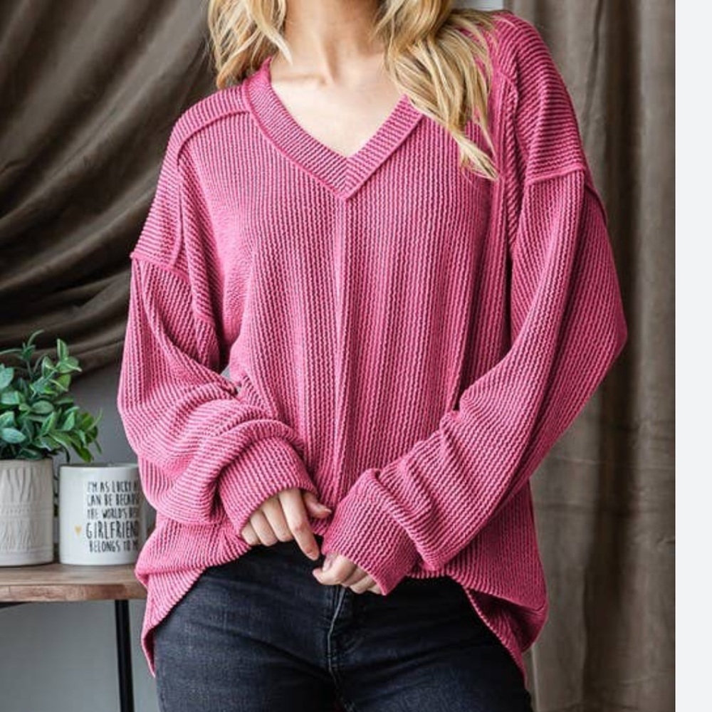 Altar'd State Women’s Pink V-Neck Sweater with Relaxed Fit Oversized